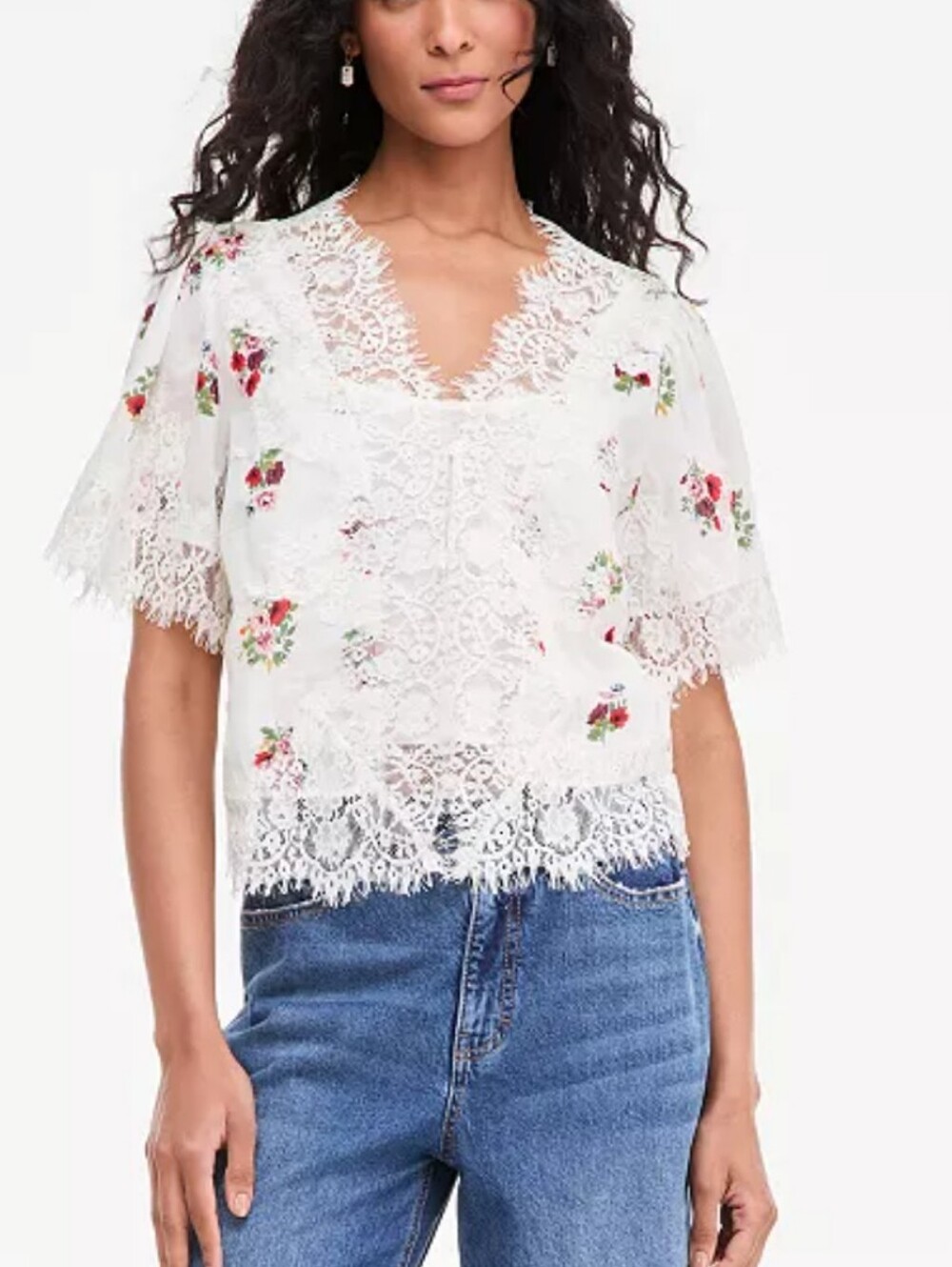 ON 34th Floral Lace V-Neck Short Sleeve Top